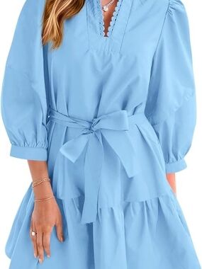 NWT Cicy Bell Women's Light Blue Tiered V-Neck Belted Dress Medium 🌞
